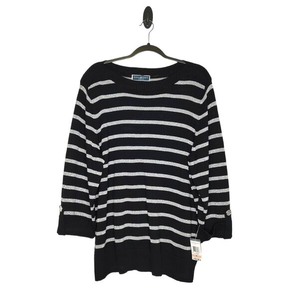 NEW Karen Scott Size 2x Sweater Black Silver Stripe Shimmer 1/4 Button Sleeve - Picture 2 of 10